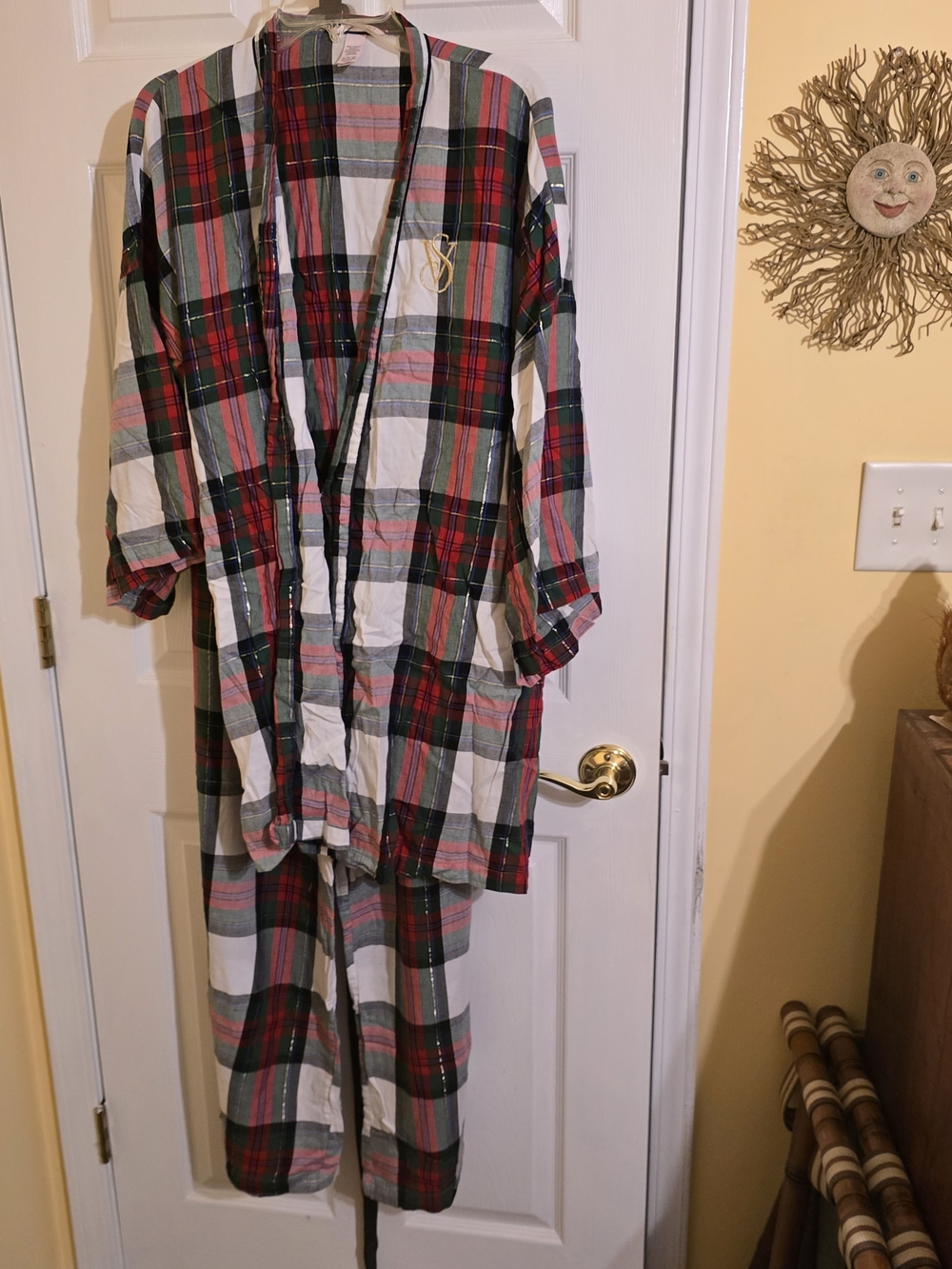 Victoria's Secret Plaid Kimono Pajama Set in Red, Green & White